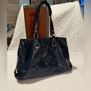 Coach Dark Teal Blue Patten Leather Tote Bag